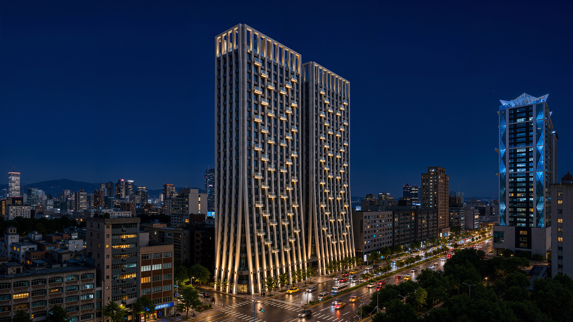 連雲玥恒雙塔夜景空拍，立面暖金照明與臺北夜色