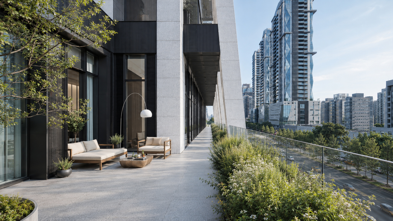 空中廊道日景，石材鋪面與綠植